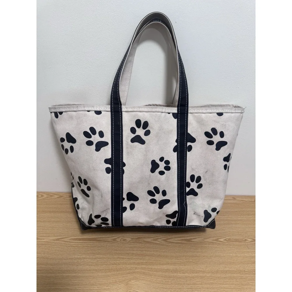 Vintage LL Bean Large Canvas Boat and Tote Bag Dog Print Freeport Maine 1980's